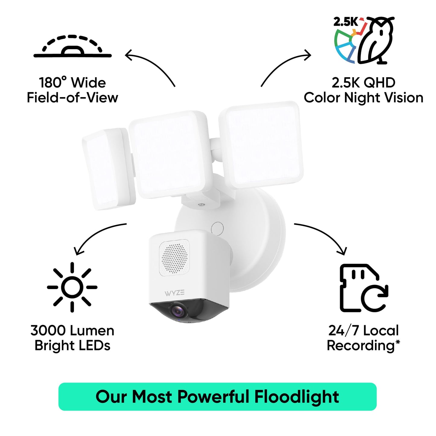 WYZE Floodlight Camera Pro, PCMag Editors' Choice 3000-Lumen LEDs, 2.5K HD Outdoor Security Camera, 180° Wide View, Motion Detection, Color Night Vision, Works with Alexa & Google-White