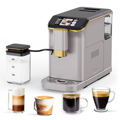 PioneerWorks Full Automatic Espresso Machine with Built-In Grinder & Milk Frother - FTF Touchscreen Coffee Maker for Latte/Cappuccino, 20 Bar Pressur & 1.5L Water Tank, 1350W, Gold
