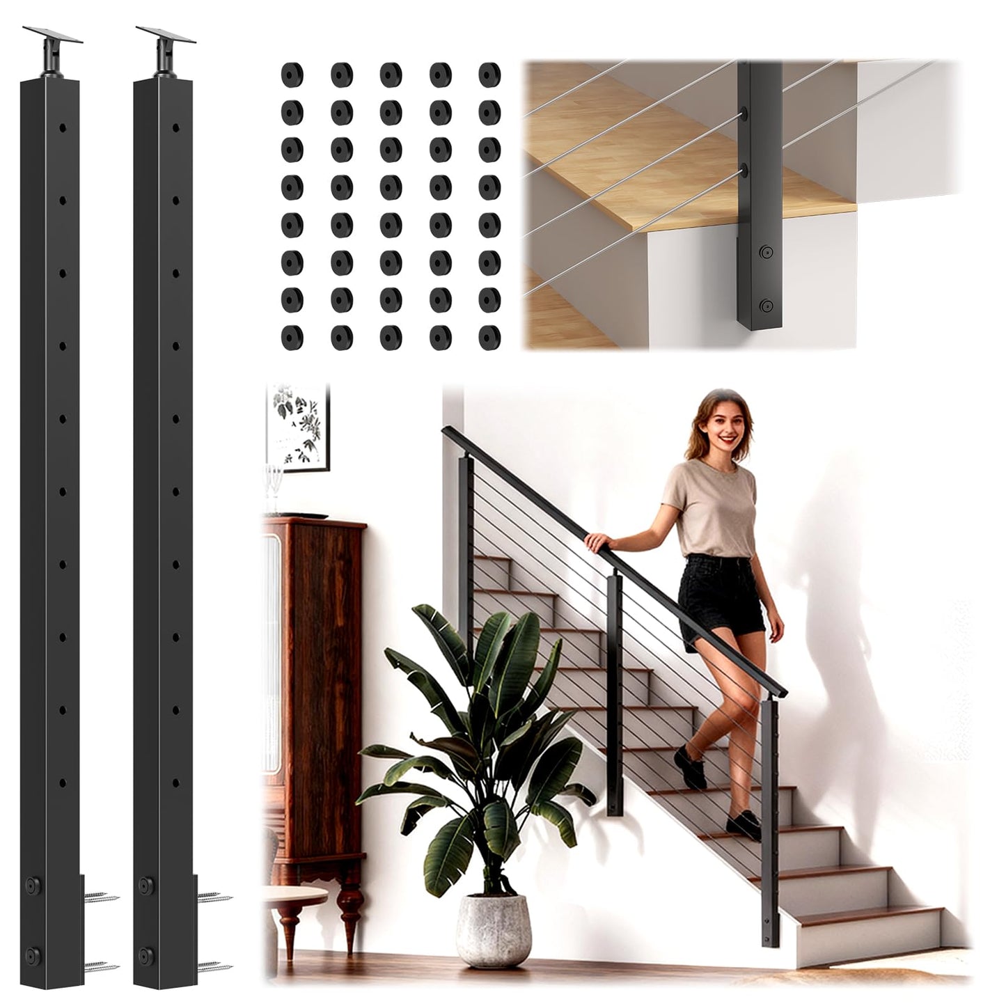Gyykzz 2 Pack 36" Side Mount Stair Cable Railing Post for 28-38 Degrees Stair, Space-Saving Fascia Mount Stair Deck Handrail Post for Both Left & Right Side Cable Railing System Kit Indoor Outdoor