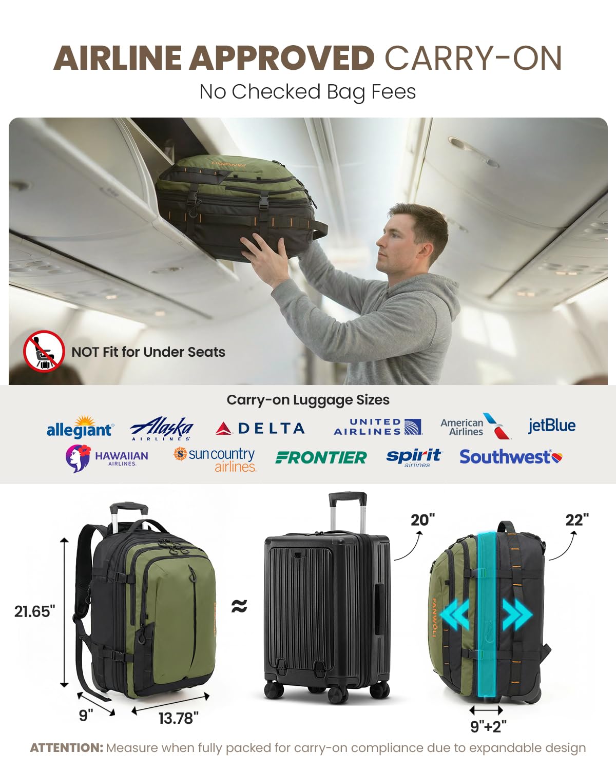 Fanwoli Rolling Vacuum Backpack Travel with One-Button Compression, 55L Expandable, Water Resistant Carry-On Suitcase Luggage, Ideal for Outdoor/Family/Trips