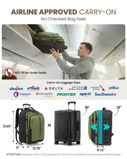 Fanwoli Rolling Vacuum Backpack Travel with One-Button Compression, 55L Expandable, Water Resistant Carry-On Suitcase Luggage, Ideal for Outdoor/Family/Trips