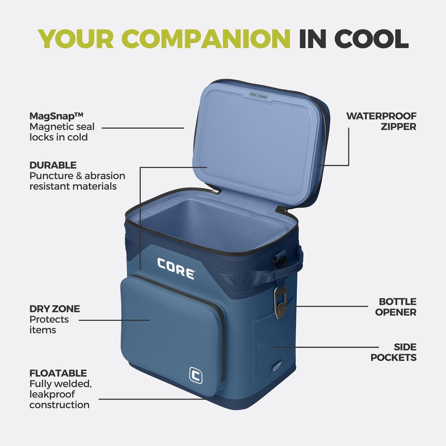 CORE Magnetic Leak Proof 36 Can Soft Cooler with Waterproof Zipper | Insulated Bag Portable Ice Chest Box | Best Soft Cooler for Food & Beverages for Tailgating, Car Camping, and Family Beach Picnics