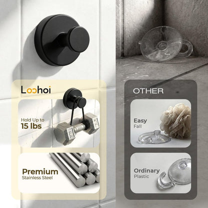 Upgraded Suction Cup Hooks for Shower, Heavy Duty Removable Towel Hooks for Bathroom Glass Door Wall, Stainless Steel Shower Hooks for Towel & Loofah (4 Pack, Black)