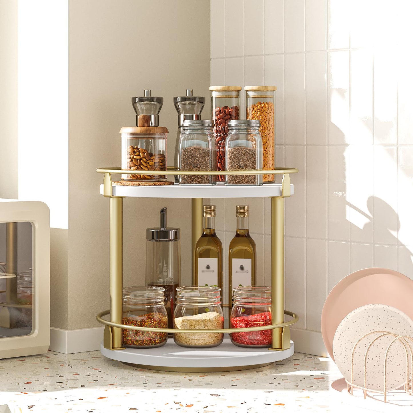 3-Tier Lazy Susan Organizer, Rotating Spice Rack, Spinning Organizer, Industrial Turntable Spice Rack Organizer for Cabinet, Kitchen Countertop, Pantry, Rustic Brown and Black SR23BR
