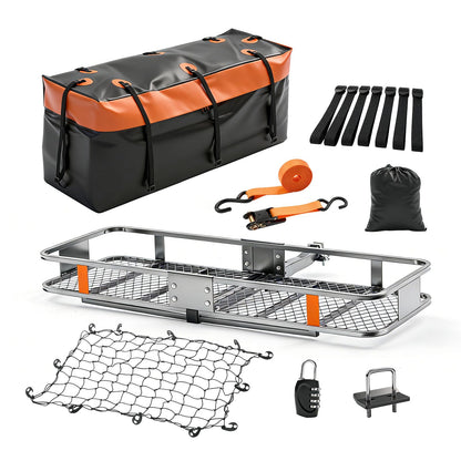 KMFurnila Folding Hitch Mount Cargo Carrier, 60.1" x 20" x 6" Steel Rack with 500 lbs Capacity, Includes Waterproof Bag, Cargo Net, Combination Lock, Straps and Hitch Stabilizer
