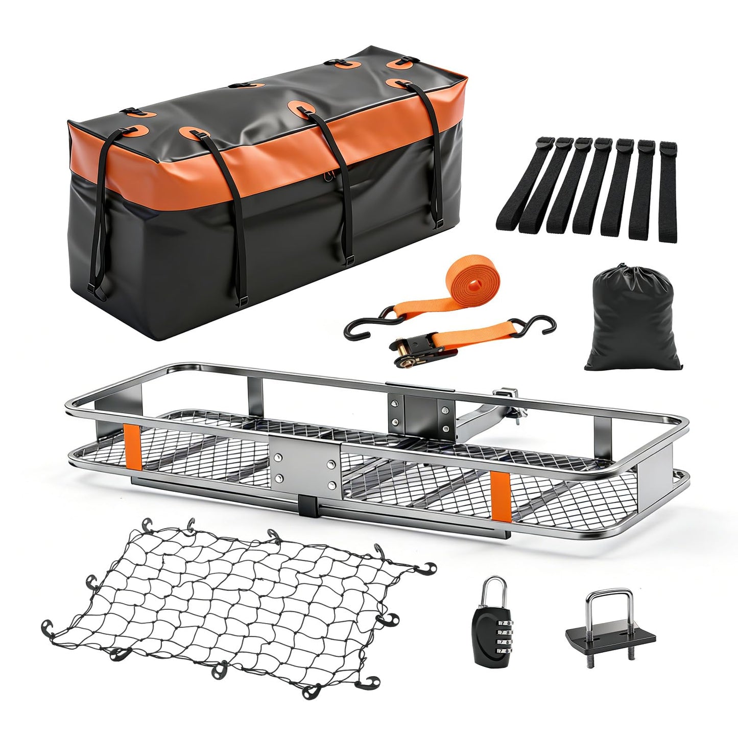 KMFurnila Folding Hitch Mount Cargo Carrier, 60.1" x 20" x 6" Steel Rack with 500 lbs Capacity, Includes Waterproof Bag, Combination Lock, Cargo Net, Straps and Hitch Stabilizer