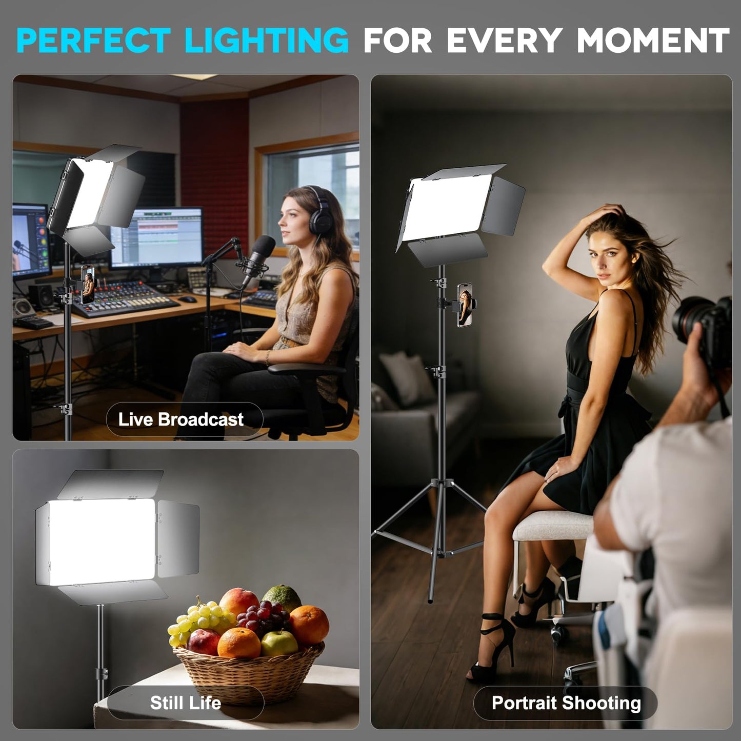 Scrhot 2 Pack LED Video Light Kit 79'' Tripod Light Stand, 30W 3000Lux Photography Light with Barndoor, CRI 98+ 2500K-8500K Studio Lights Panel Podcast Lighting for Video Recording/Game Live Streaming
