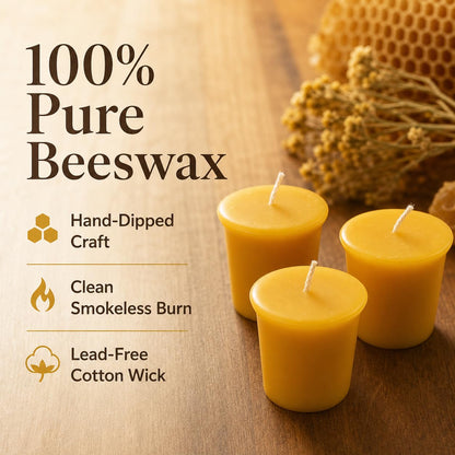 100% Pure Beeswax Votive Candles 2x2 Inch, 6 Pack - 10-Hour Burn Time (60 Hrs Total), Smokeless & Unscented Natural Wax Candles for Prayer, Home Decor, Emergency & Weddings