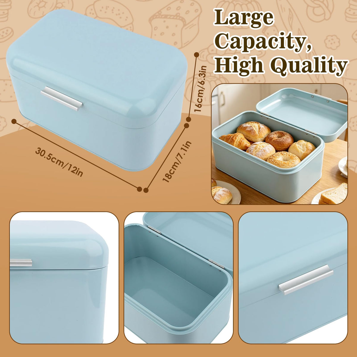 Buachois Large Bread Box,Iron Bread Box with Lid,Metal Bread Storage Bin,Bread Keeper Container,Bread Containers Storage,Modern Solid Color Retro Style,for Kitchen Counter (B)