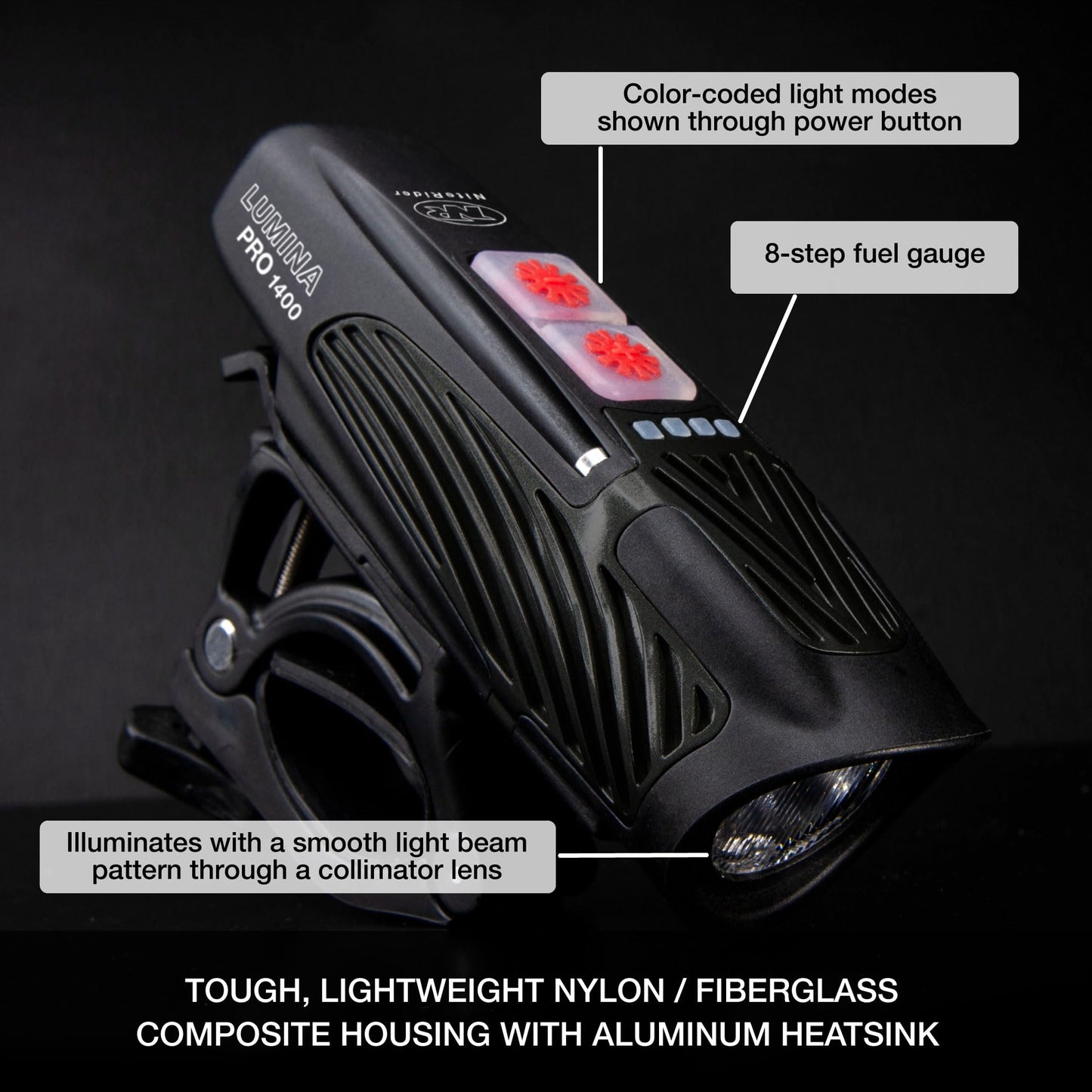 NiteRider Lumina Pro 1400 Lumen USB-C Rechargeable Front Bike Light - 8 Modes IP64 Waterproof FL1 Bike Headlight for Road Cycling, MTB, Commuter, Night Cycling Safety LED Bicycle Light Easy Mount