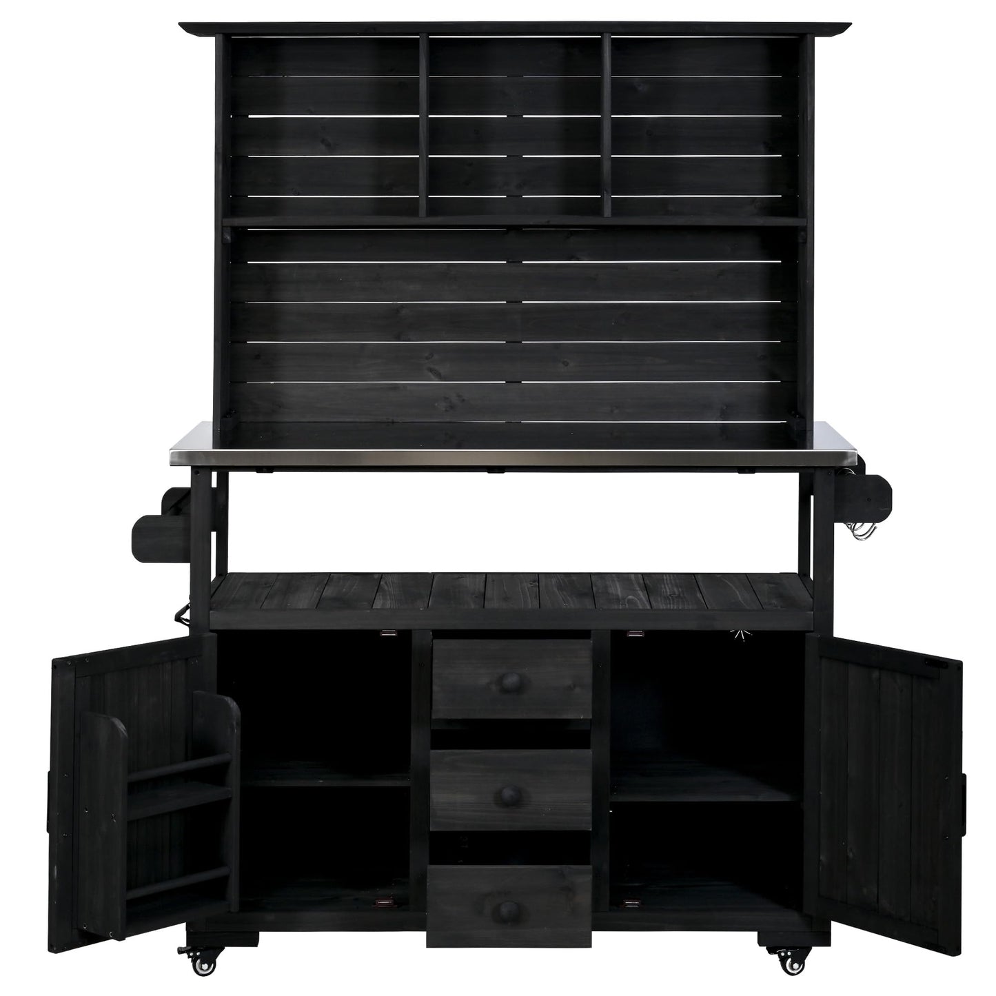GDFStudio Preden Outdoor Storage Bench Table with Cabinet, Patio Wooden Potting Bench, Garden Storage Work Bench with Stainless Steel Top, Drawers, Cabinets, Shelves and Hooks, Kitchen Island, Black