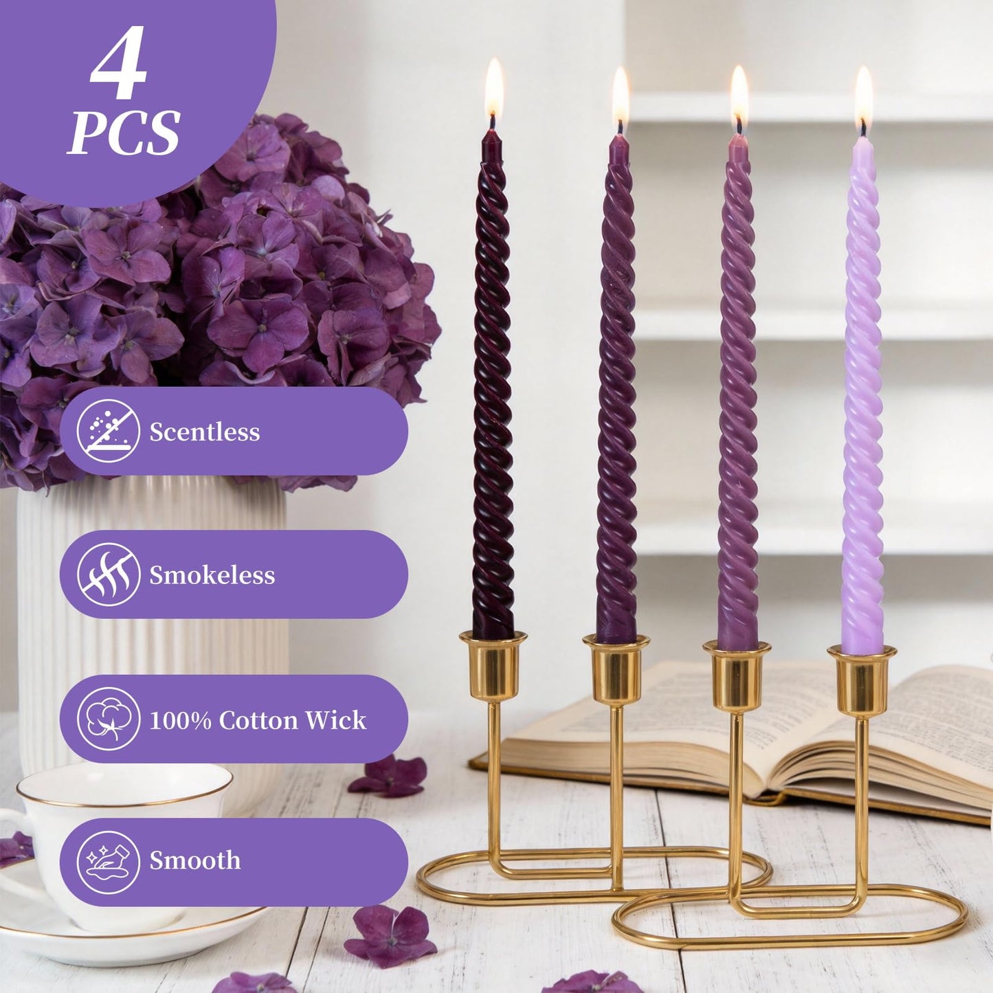 Purple Spiral Taper Candles, 10 inch Gradient Twisted Candles,4 Pack Unscented and Smokeless Long Burning Candles with Cotton Wicks,Tall Candlesticks,Ideal for Weddings, Dinner Parties, and Home Décor