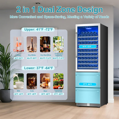 Tylza Wine and Beverage Refrigerator, 24'' Dual Zone Wine Fridge with Dual Drawers, Holds 160 Cans and 120 Bottles, Reversible Door, Built-In or Freestanding, Beverage Fridge for Home or Commercial