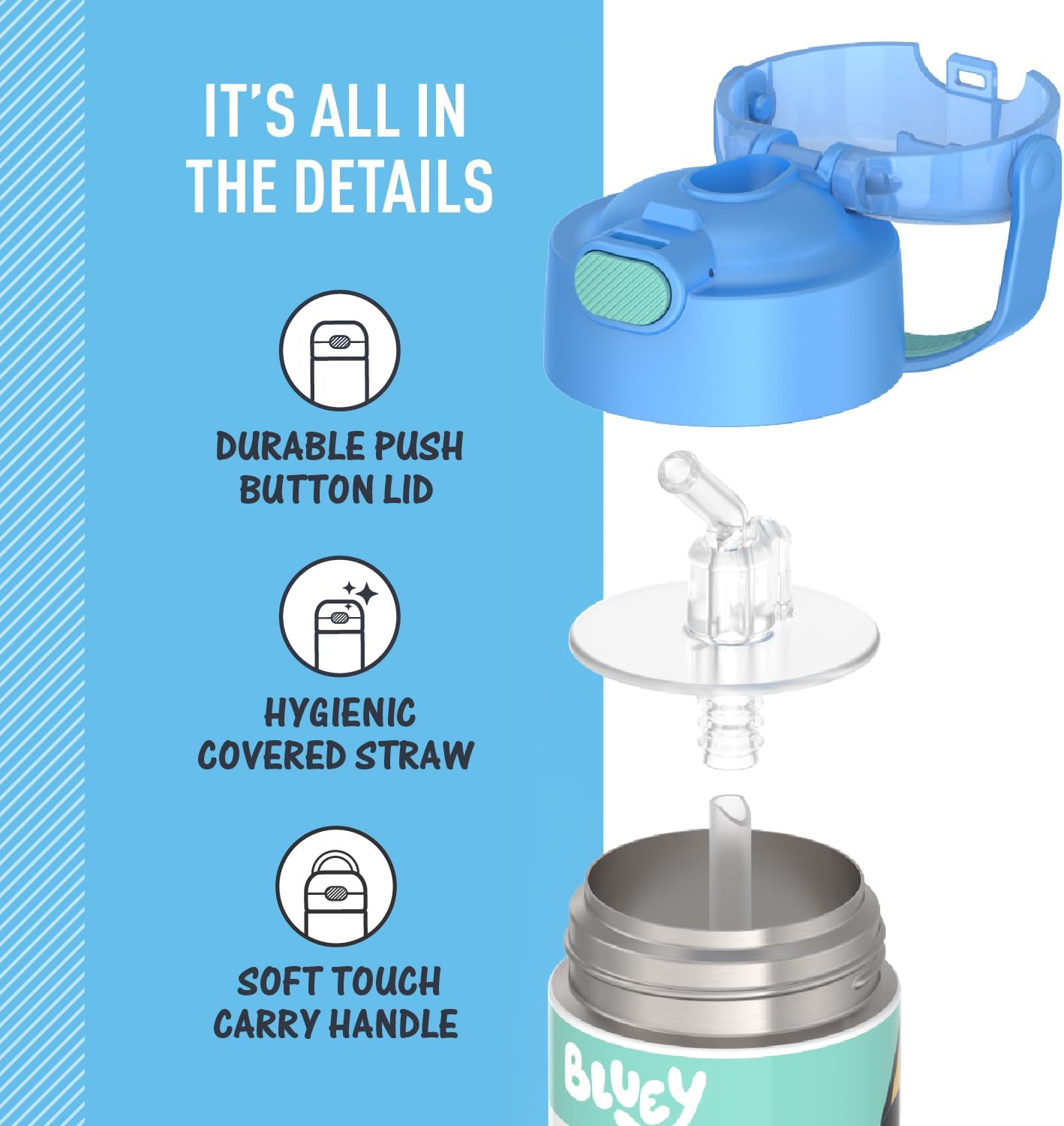THERMOS FUNTAINER Water Bottle - 12 Ounce Stainless Steel Insulated Kids Bottle - Bluey Design