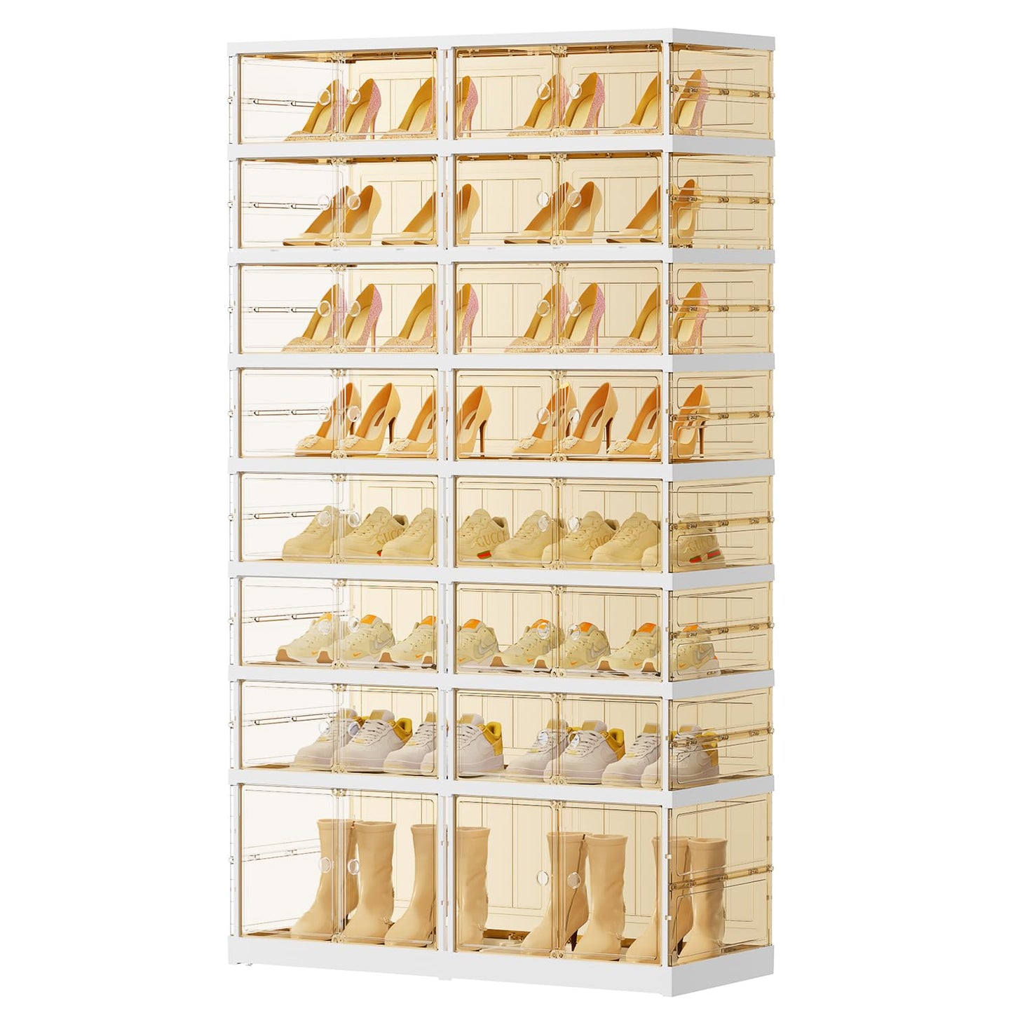 EHAMILY 8 Tiers 16-32 Pairs Foldable Shoe Rack for Closet Plastic Stackable Shoe Boxes for Garage Collapsible Shoes Shelf with Doors Storage Organizer Cabinet Quick Assembly,Brown