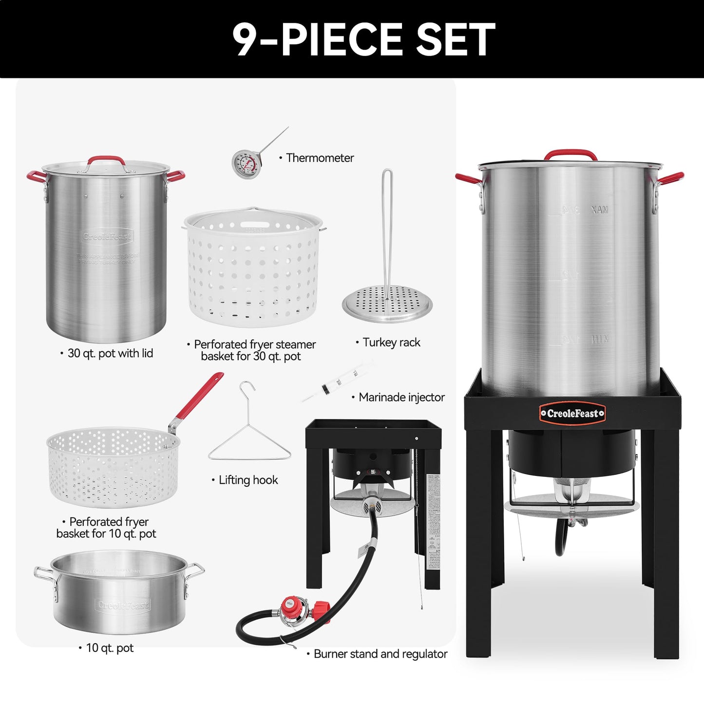 CreoleFeast TFS3010 Propane 30 Qt. Turkey and 10 Qt. Fish Fryer Boiler Steamer Set, 50,000 BTU Burner, Ideal for Outdoor Cooking