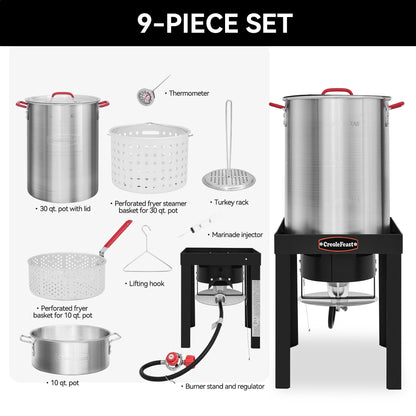 CreoleFeast TFS3010 Propane 30 Qt. Turkey and 10 Qt. Fish Fryer Boiler Steamer Set, 50,000 BTU Burner, Ideal for Outdoor Cooking