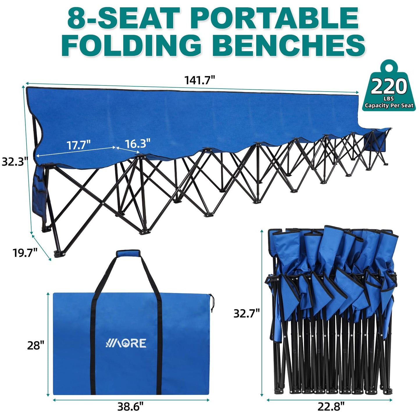 1MORE Portable Folding Bench, Foldable Sideline Bench for Team, 8 Seats Outdoor Camping Chair with Carry Bag & Backrest, Team Sport Sideline Bench for Football,Soccer, Fishing. Blue