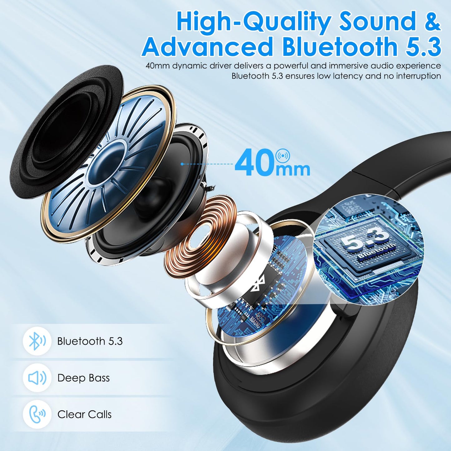 TANKASE Active Noise Cancelling Headphones, Wireless Over Ear Bluetooth Headphones,100H Play Time Bluetooth Headphone with Microphone,Lightweight and Foldable Comfortable Deep Bass for Work/Gym Black