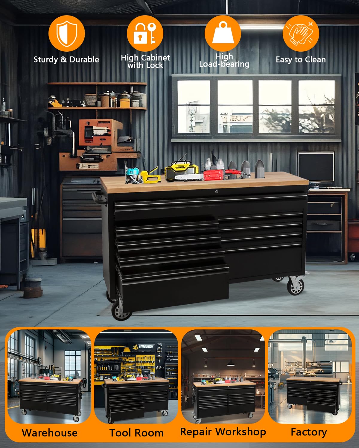 61-Inch Heavy-Duty Rolling Tool Chest & Mobile Workbench with 9 Drawers, Rubber Wood Top, Locking System, Wheels for Garage, Workshop, Warehouse Storage, Tool Cabinet