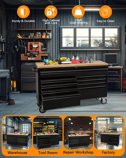 61-Inch Heavy-Duty Rolling Tool Chest & Mobile Workbench with 9 Drawers, Rubber Wood Top, Locking System, Wheels for Garage, Workshop, Warehouse Storage, Tool Cabinet