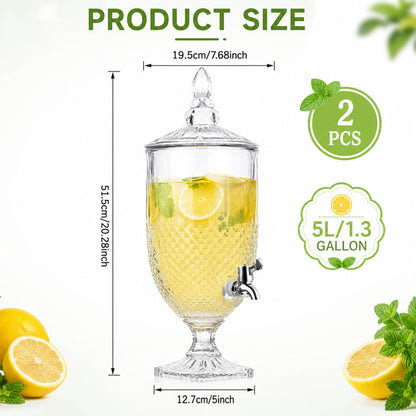 Bokon 2 Pieces 1.3 Gallon Drink Dispensers for Parties Crystal Iced Beverage Dispenser with Stand and Spigot, Glass Liquid Containers Wide Mouth Beverage Server for Juice Tea Wedding(Exquisite)