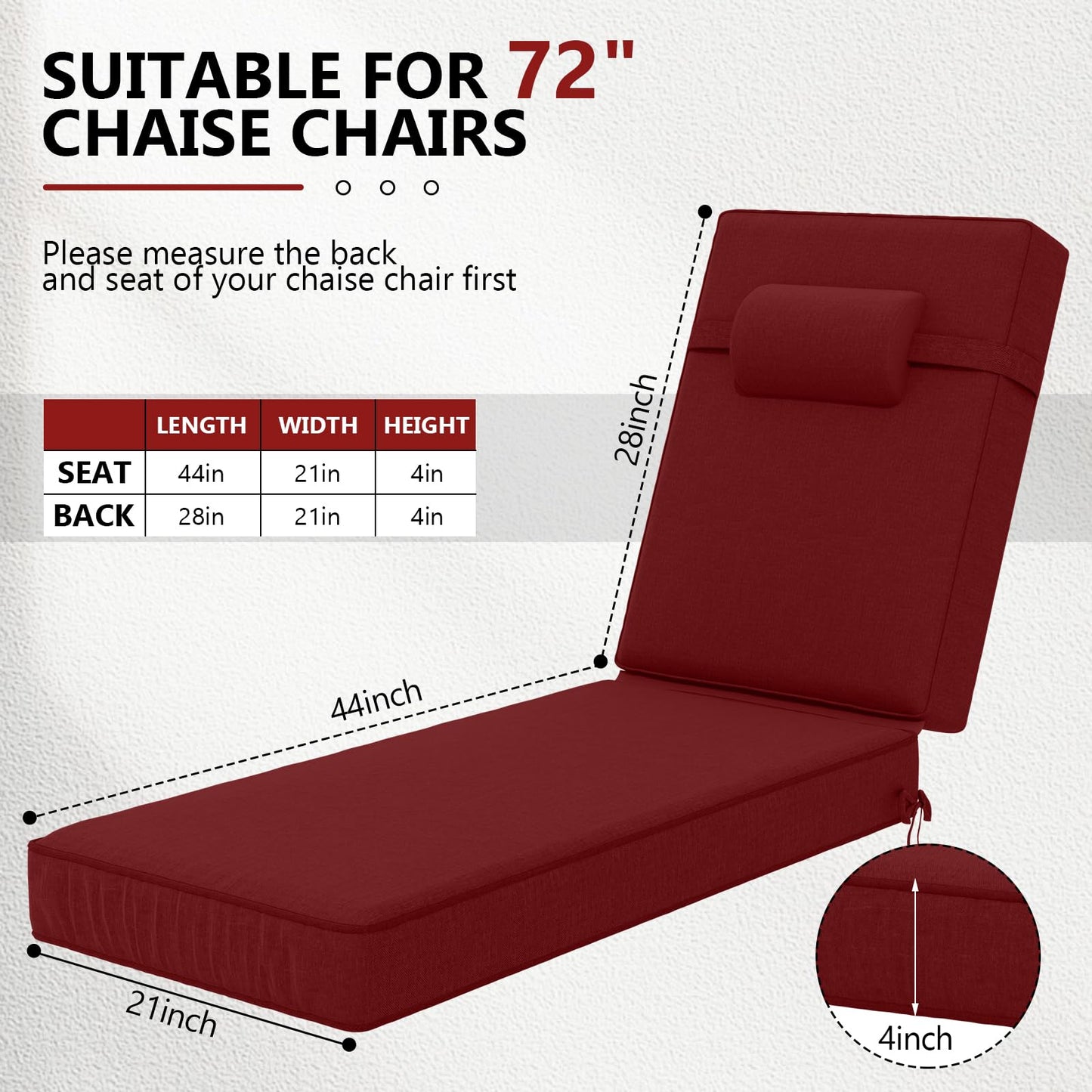 72 x 21 x 4 Inch Olefin Chaise Lounge Cushions, Lounge Chair Cushions with Headrest for Outdoor Furniture - Weather and Fade Resistant Patio Replacement Furniture Lounge Chair Cushion Set of 2