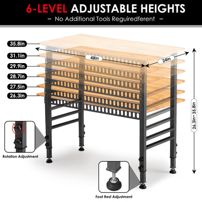 OLBRUS 48 "Adjustable Workbench with Power Outlet, Heavy Duty 2000 LBS Load Capacity Hardwood Workbench Suitable for Workshop, Office, Garage, Home