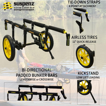 Suspenz Fishing Kayak Cart Trolley | Heavy Duty Canoe Carrier Trailer with Adjustable Bi-Directional Bunker Bars and Airless Wheels | Catch-All Universal Airless Cart (22-9909)