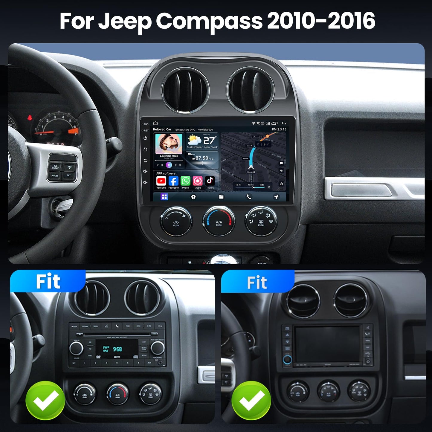 5GWi-Fi 1280 * 800HD（Online Upgrade OTA System） Car Radio Stereo for Jeep Patriot Compass 2010-2016 Built-in Carplay Andriod Auto, FM&DSP Bluetooth with GPS Navigation Backup Camera&SWC 2+32G