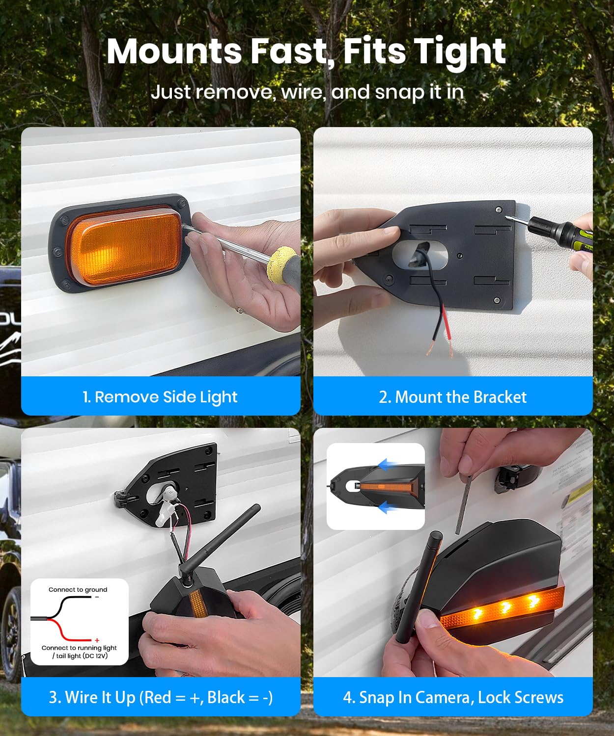 AUTO-VOX RV Backup Camera Wireless with Left and Right Side Cameras, Adjustable Viewing Angle, IR Night Vision, Compatible Only with 3 Channel Monitor for Motorhome, Fifth Wheel, Travel Trailer