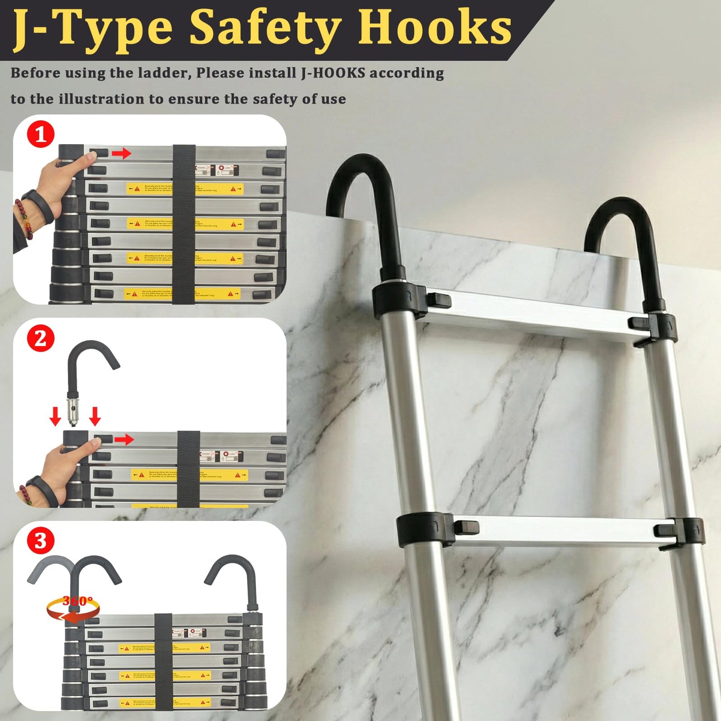 IKAYVOTO Telescoping Ladder 16.5 FT | Aluminum Lightweight Extension Ladder with Stable Hooks | Heavy Duty 330lbs Max Capacity Multi-Purpose Telescopic Collapsible Ladder for Home, RV or Outdoor Work