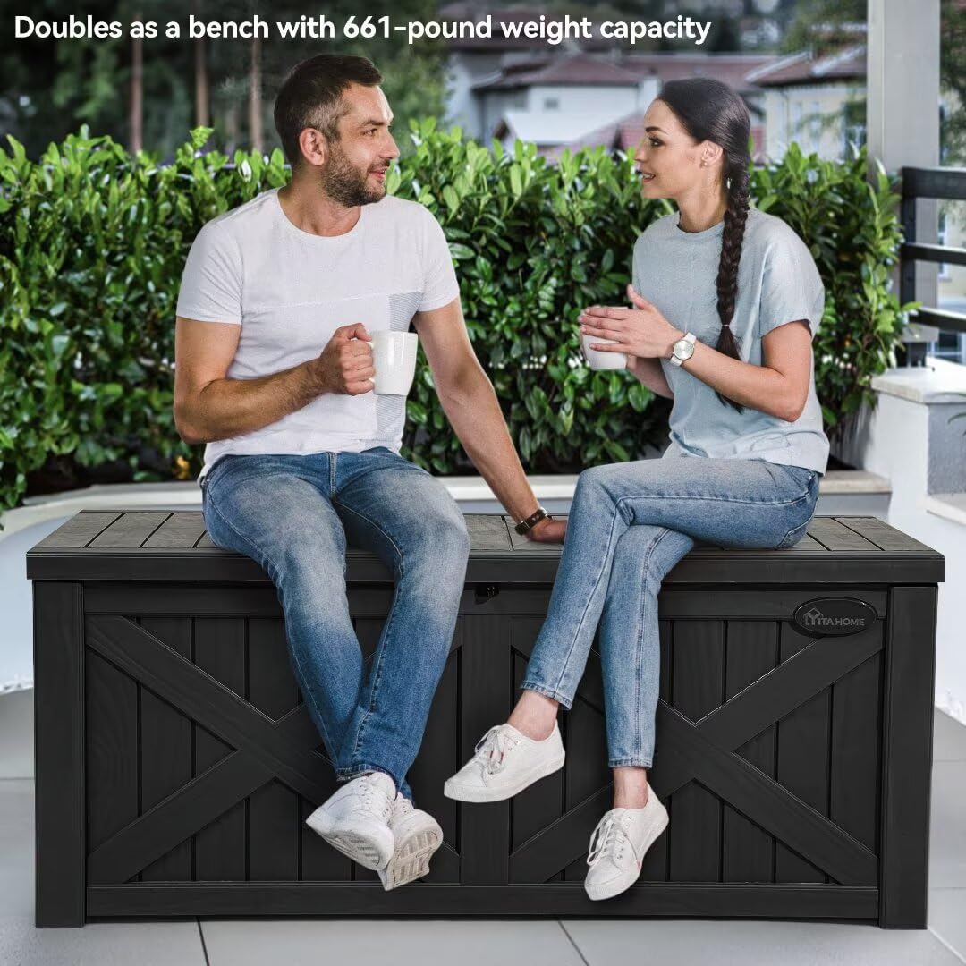 YITAHOME 150 Gallon Large Deck Box with X-Shaped Front, Resin Outdoor Storage Boxes, Waterproof Cushion Storage Bench for Patio, Pool Supplies, Garden Tools - Lockable, Black