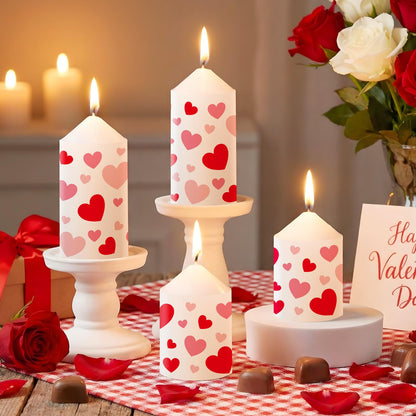 Lyrow 4 Pcs Pillar Candle 2 x 4‘', 2 x 3'' White Unscented Patterns Candlestick Smokeless Burning Candles for Valentine Wedding Anniversary Birthday Home Decor (Valentine's Day Heart)