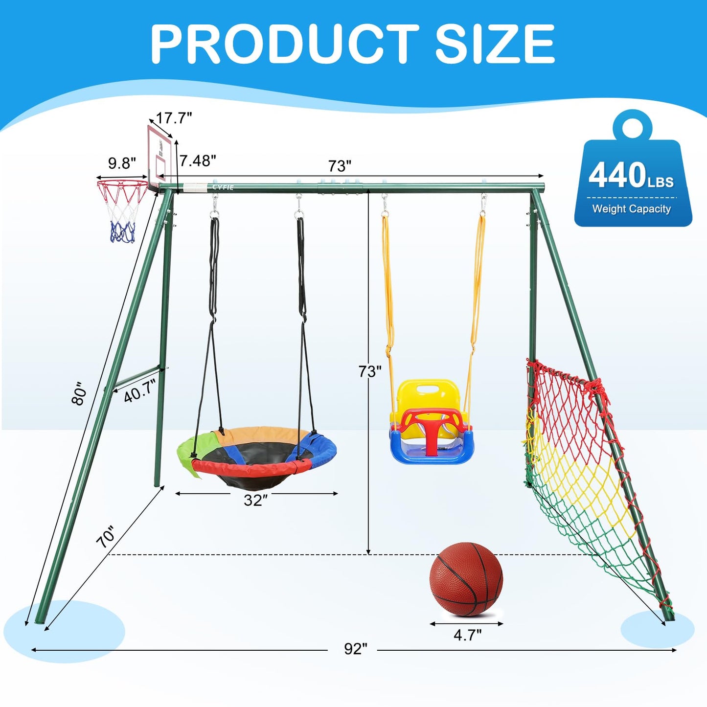 CYFIE Swing Sets for Backyard, 7-in-1 Kids Swing Set and Saucer Swing, Outdoor 440lbs Heavy Duty Metal Frame Stand, Basketball Hoop and Soccer Goal, Toddler Playset for Backyard, Playground