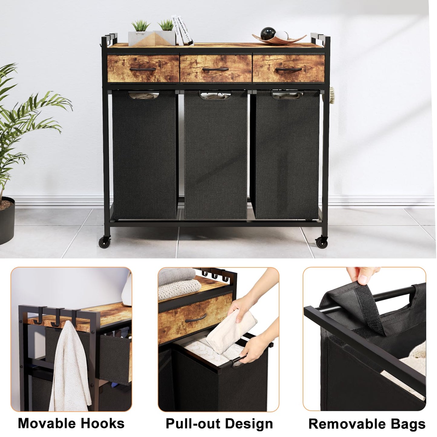 Timberer Laundry Hamper, Laundry Sorter 3 Section, Rolling Laundry Basket with Wheels, 3 Drawers, 3 × 14.5 Gal (55 L), Pull-Out and Removable Oxford Fabric Bags, Black and Rustic Brown
