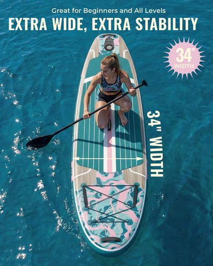 Marsdorgan 11ft Inflatable Stand Up Paddle Board with Kayak Seat, Wood Grain Lightweight SUP, 430lbs Capacity for Water Sports Fishing Surfing, 2-3 Person Family, w/Backpack & 10L Dry Bag, Grey