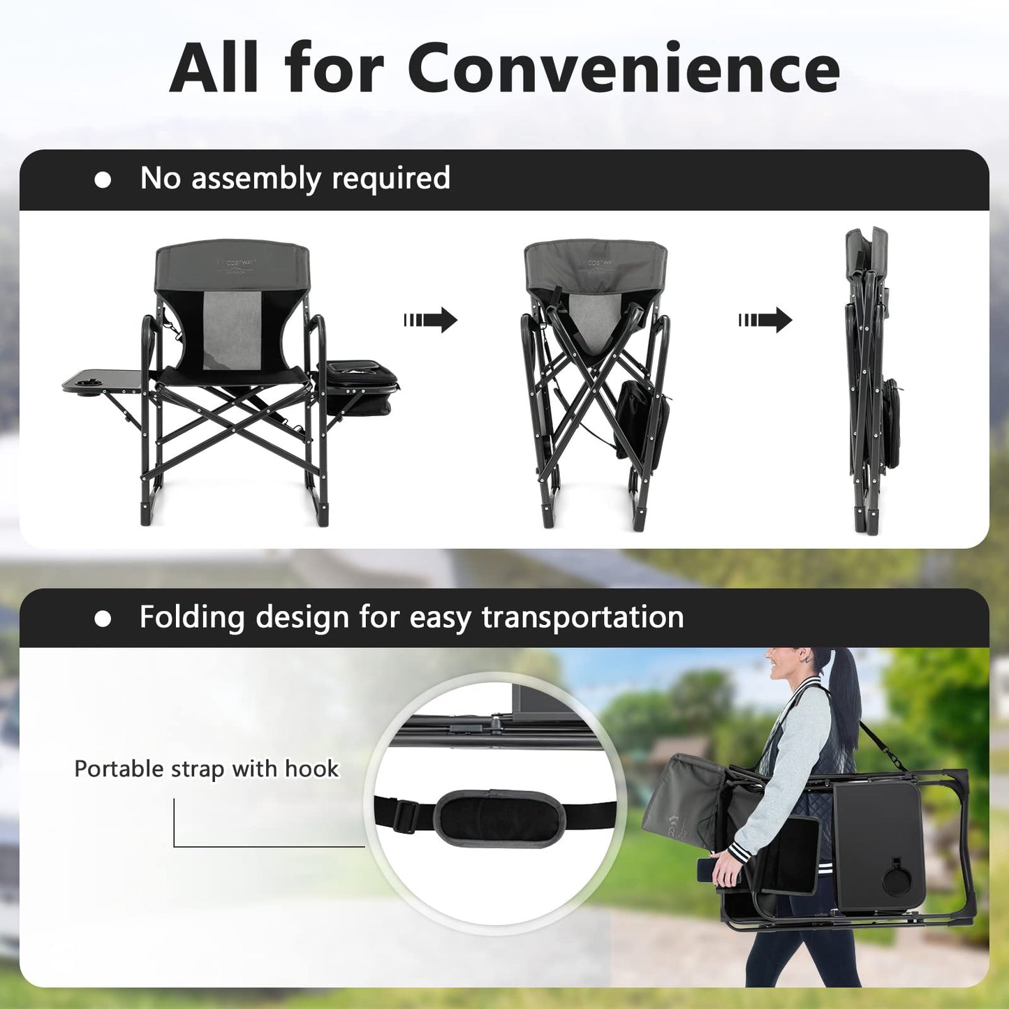 COSTWAY 2-Pack Folding Camping Chair, Heavy-Duty Director Chair Supports 400lbs for Adults with Side Table, Cooler Bag, Storage, Strap, Portable Makeup Chair Set of 2 for Fishing Picnic, Black