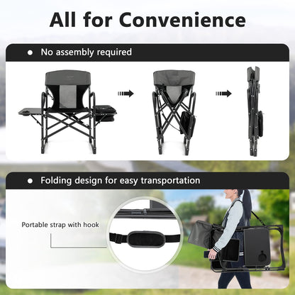 COSTWAY 2-Pack Folding Camping Chair, Heavy-Duty Director Chair Supports 400lbs for Adults with Side Table, Cooler Bag, Storage, Strap, Portable Makeup Chair Set of 2 for Fishing Picnic, Black