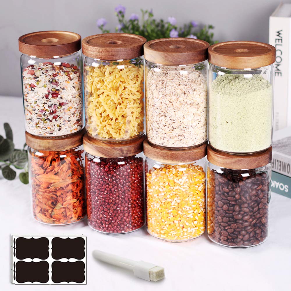 SAIOOL Kitchen Canisters Set of 6-8.5oz Glass Spice Jars With Acacia Airtight Lid and Labels Round Spice Bottles for kitchen Seasoning Baby Food Kids Snacks Meal Prep Containers Candle