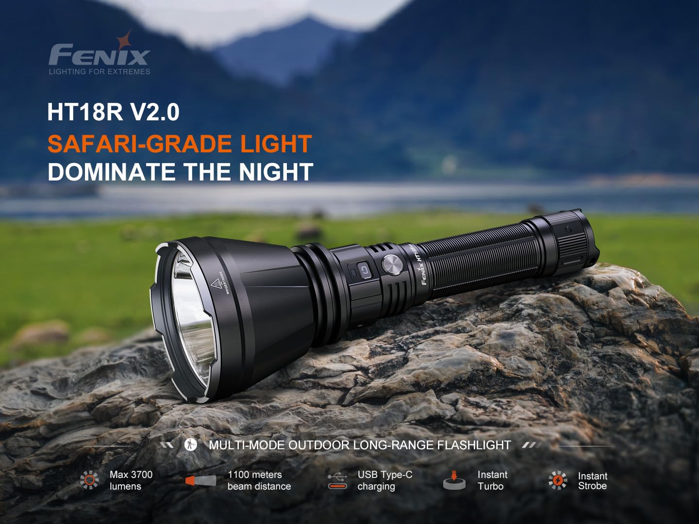 Fenix HT18R V2.0 3700 Lumen Long Range Rechargeable Flashlight USB-C LED Thrower Dual Switch Instant Turbo Waterproof Hunting Search Rescue Tactical Light with Lumentac Organizer
