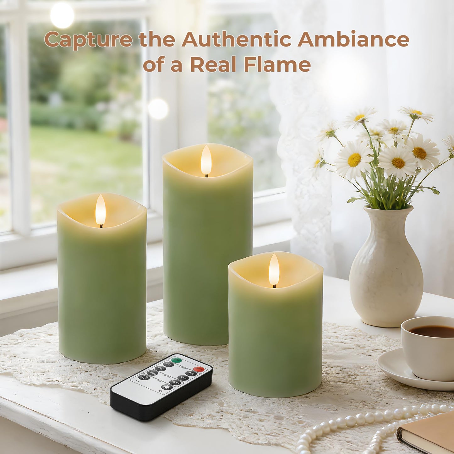 Velsyn Green Flameless Candles with Remote and Timer, Real Wax Made LED Pillar Candles Battery Operated with 3D Flickering Flame Melted Edge, 3" x 4",5",6", Set of 3 (Pastel Green)