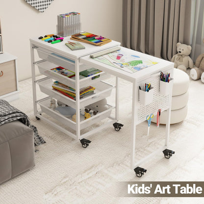 Rolling Craft Storage Cart with Wheels & Mesh Drawers, Extendable Craft Table with Pegboard Organizer, Muti-Functional Work Table for Sewing, Arts and Crafts, Scrapbooking Storage,3D Printers (White)