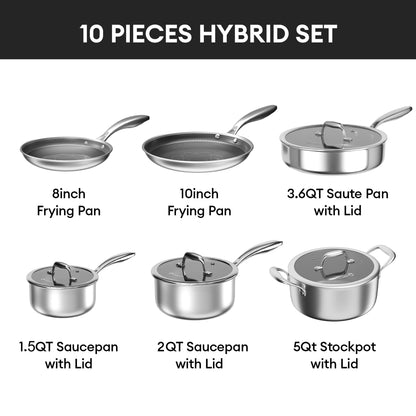 COOKER KING Non Stick Pots and Pans Set, 10pcs Hybrid Stainless Steel Cookware Set, Frying Pans, Saucepans, Saute Pan & Stock Pot, Non Toxic, Oven & Dishwasher Safe, Induction & All Cooktop Compatible