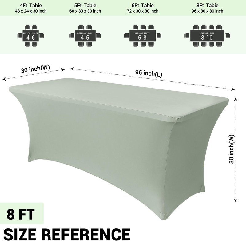 Obstal 2PC Sage Green Tablecloth - 8ft Rectangle Spandex Table Cover for Party, Events, Banquets & Weddings, Machine Washble
