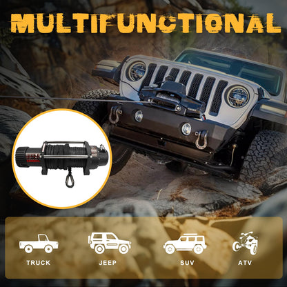 WildGear 12000LB Electric Winch 12V Series Wound Motor Synthetic Rope Wired & Wireless Remote Control Waterproof Trailer Winch for Jeep Off Road SUV Truck Boat