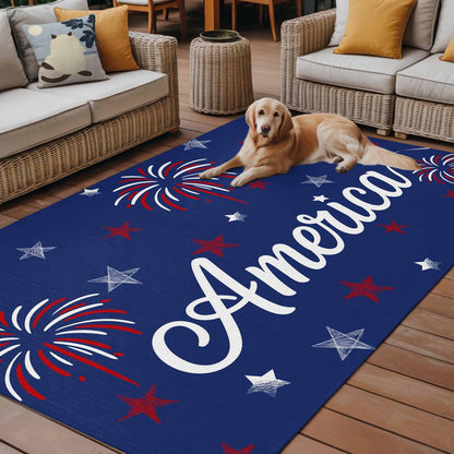 4th of July Outdoor Rug 5x8 ft American Flag Outdoor Large Area Rug Non Slip Patriotic Stars Red Blue Fireworks Front Door Mat RV Camping Carpet Patio Outdoor Rugs for Backyard Balcony Indoor