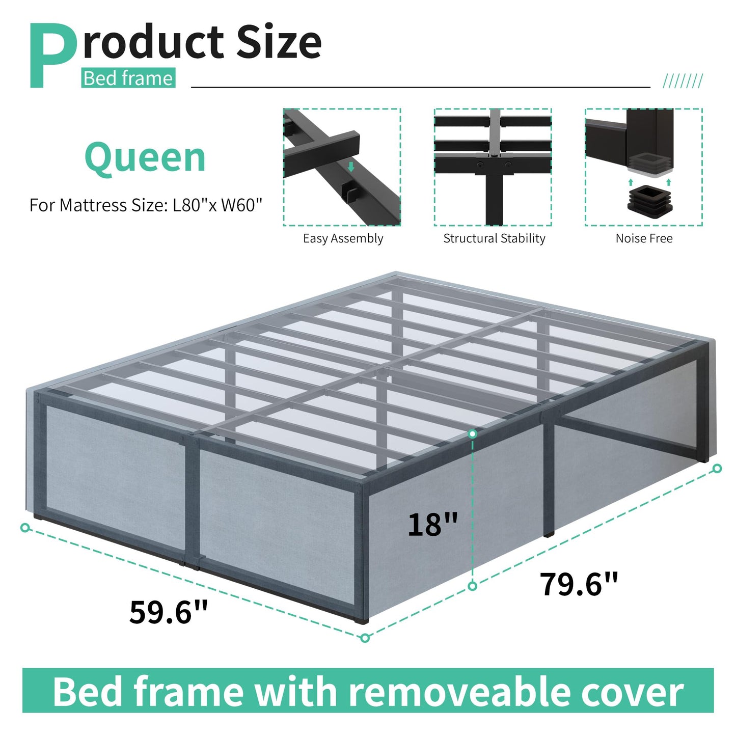 Lutown-Teen 18 Inch Queen Bed Frame with Cover Skirt, Heavy Duty Steel Slat Support Metal Platform Bed Frame Queen Size No Box Spring Needed, Easy Assembly, Black and Blue