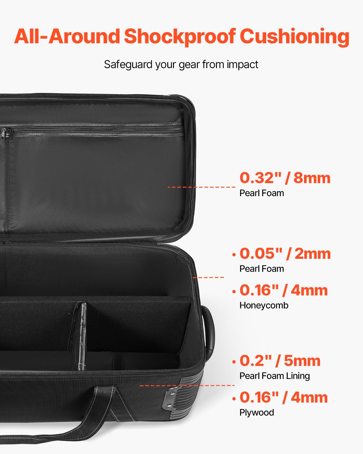 VEVOR Studio Equipment Trolley Case, 51.57 x 14.37 x 14.96 in / 131 x 36.5 x 38 cm, Rolling Camera Bag, Carrying Bag with Wheels Straps Padded Compartment Handle, for Light Stands, Tripods, Telescopes
