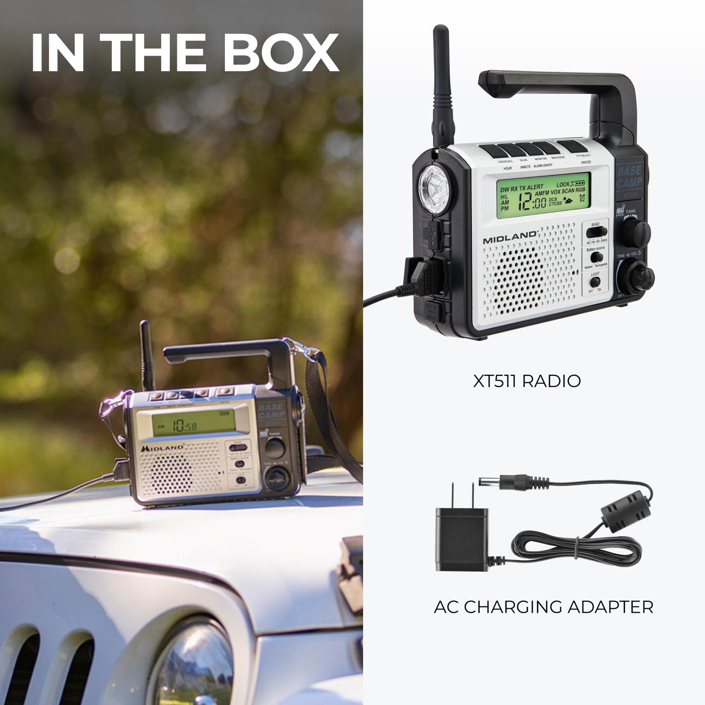Midland® - XT511 - Emergency Radio - 22 Channel Two-Way Base Camp Radio with 5 Power Options, 121 Privacy Codes, 3-LED Flashlight & NOAA Weather Scan + Alert - Gray/Black